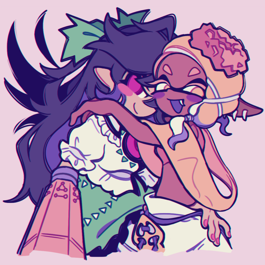 2girls, arm_cannon, bow, crossover, dark-skinned_female, dark_skin, frye_(splatoon), hair_bow