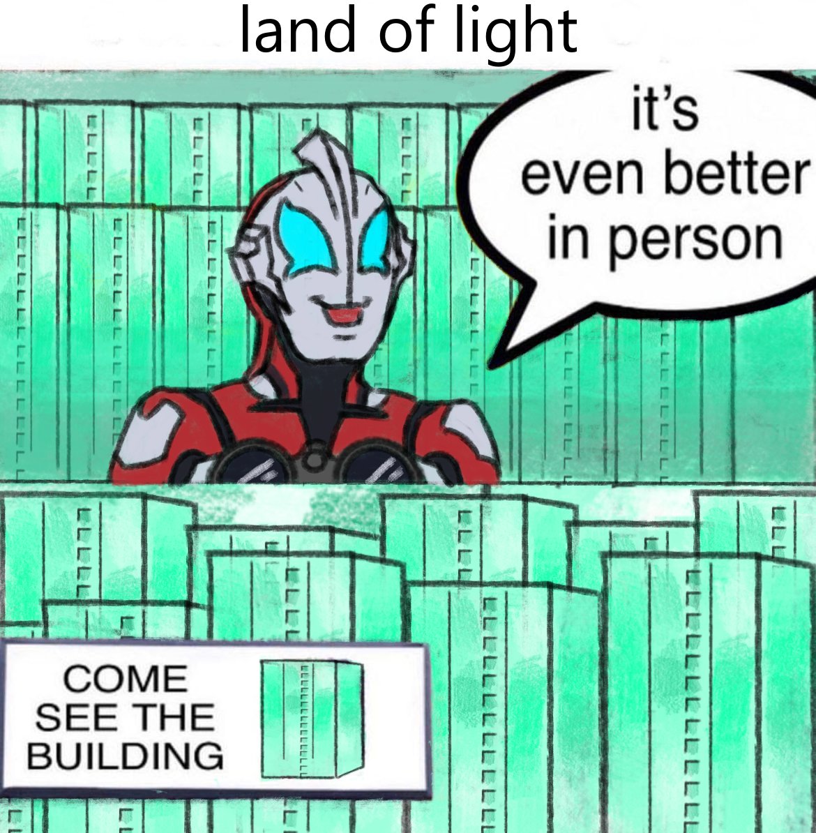 :d, alien, binoculars, black_skin, blue_eyes, building, city, cityscape, colored_skin, commentary, day, derivative_work, english_commentary, english_text, holding, holding_binoculars, land_of_light, male_focus, meme, morgan_(wing_waver), multicolored_skin, no_pupils, open_mouth, outdoors, red_skin, sign, silver_skin, smile, solo, speech_bubble, tokusatsu, ultra_series, ultraman_geed, ultraman_geed_(series)