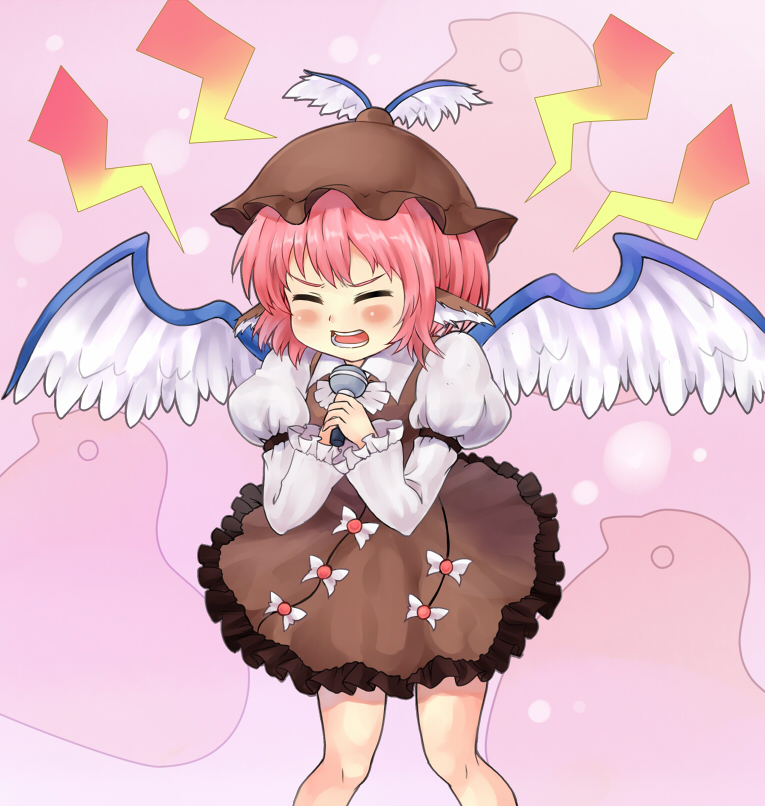 animal_ears, blue_door, closed_eyes, hat, hiyoko_manjuu, microphone, mystia_lorelei, pink_hair, short_hair, singing, solo, touhou, wings