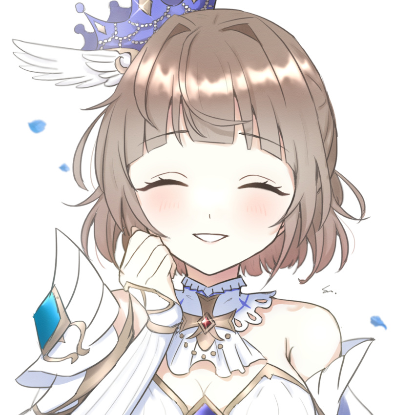 1girl, bare_shoulders, bridal_gauntlets, brown_hair, closed_eyes, crown, detached_collar, excellia_cruz