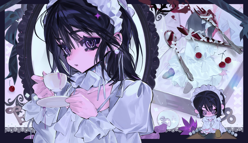 1girl, alien_stage, ambiguous_red_liquid, black_hair, cherry, clematis_(flower), commentary, cup