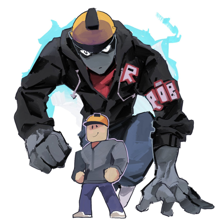 2boys, black_eyes, black_hair, blue_pants, builderman_(roblox), clenched_hand, colored_skin, grey_skin, guest_(roblox), hard_hat, helmet, highres, hood, hood_down, looking_at_viewer, male_focus, modercated, multiple_boys, pants, red_shirt, roblox, shirt, smile