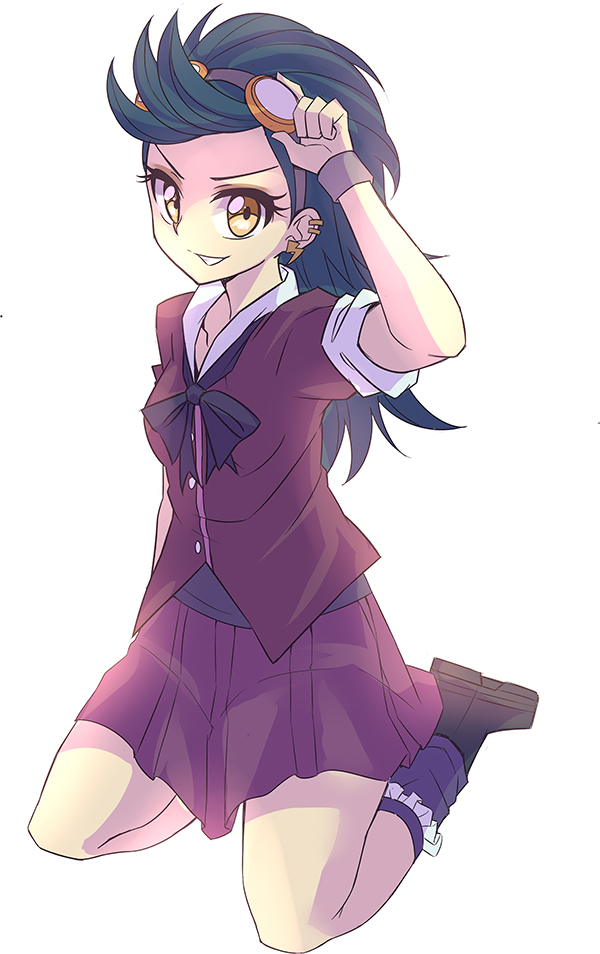 1girl, aqua_hair, bow, bowtie, breasts, caibao_return, colored_skin, commentary_request, crystal_prep_academy_school_uniform, earrings, full_body, goggles, goggles_on_head, grin, indigo_zap, jewelry, lightning_bolt_earrings, lightning_bolt_symbol, long_hair, looking_at_viewer, my_little_pony, my_little_pony:_equestria_girls, my_little_pony:_friendship_is_magic, pleated_skirt, purple_skirt, purple_socks, school_uniform, seiza, serafuku, shoes, sitting, skirt, small_breasts, smile, socks, solo, yellow_eyes, yellow_skin