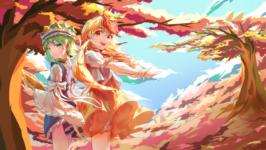 2girls, animal_on_head, autumn, azzurra_stellare, back-to-back, bird, bird_on_head, bird_wings, blonde_hair, blue_sky, bow, chick, closed_mouth, clouds, commentary_request, cowboy_shot, dress, expressionless, feathered_wings, frilled_dress, frilled_hat, frilled_sleeves, frills, green_eyes, green_hair, green_hat, grey_dress, hat, highres, looking_at_viewer, multicolored_hair, multiple_girls, niwatari_kutaka, on_head, open_mouth, orange_skirt, outstretched_arms, red_eyes, redhead, rod_of_remorse, shiki_eiki, shirt, short_hair, skirt, sky, sleeve_bow, sleeveless, sleeveless_dress, smile, touhou, tree, two-tone_hair, white_bow, white_shirt, wide_sleeves, wings, yellow_wings