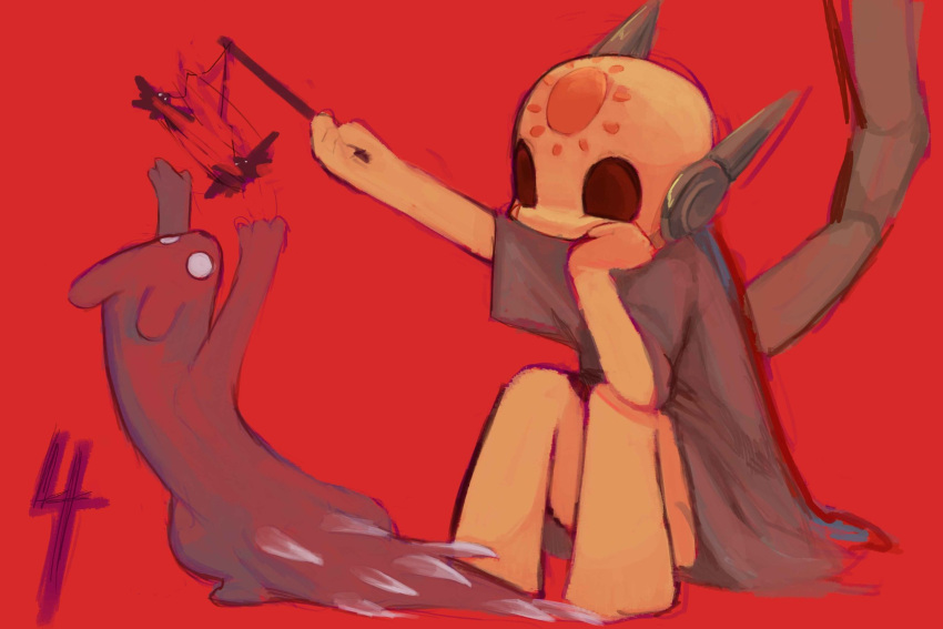 1other, alternate_fur_color, animal, artist_name, barefoot, bat_(animal), batfly_(rain_world), brown_eyes, brown_tunic, cat_teaser, circle_facial_mark, colored_skin, creature, english_commentary, facial_mark, forehead_mark, hand_on_own_cheek, hand_on_own_face, hands_up, highres, holding, holding_stick, humanoid_robot, iterator_(rain_world), markings_on_cheeks, material_growth, monster, no_mouth, no_nose, ququtrain, rain_world, red_background, red_fur, robot, robot_ears, seven_red_suns, signature, slugcat, spearmaster_(rain_world), stick, tunic, wide-eyed, yellow_skin