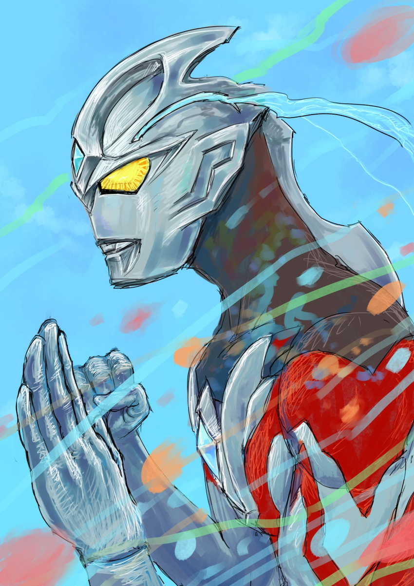 1boy, alien, black_skin, blue_background, blue_gemstone, color_timer, colored_skin, commentary