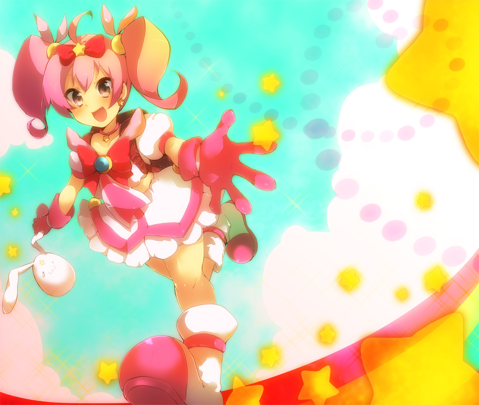 ahoge, bad_id, bag, brown_eyes, bunny, cosplay, fang, from_below