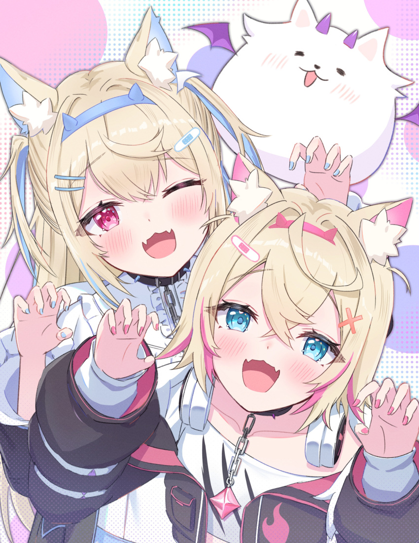 2girls, absurdres, animal_ear_fluff, animal_ears, fangs, fuwawa_abyssgard, hairband, highres