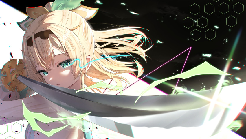 1girl, blonde_hair, green_eyes, hairband, highres, hololive, katana, kazama_iroha, long_hair, looking_at_viewer, ponytail, sidelocks, solo, sword, takotakochan_1006, virtual_youtuber, weapon
