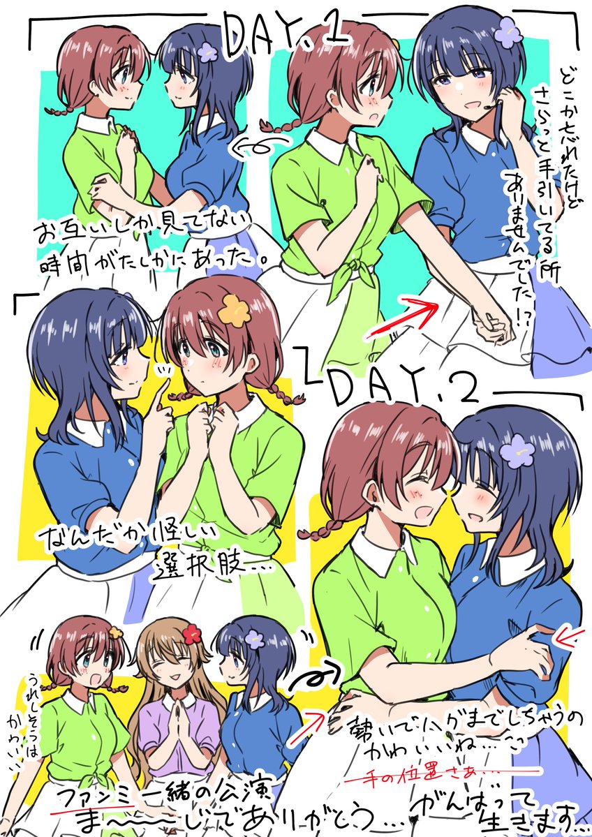 3girls, :d, ^_^, adjusting_headset, arrow_(symbol), asaka_karin, blue_eyes, blue_hair