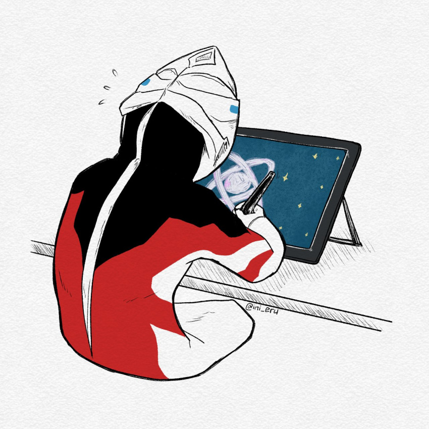 1boy, alien, black_skin, colored_skin, commentary, crossed_legs, english_commentary, flying_sweatdrops