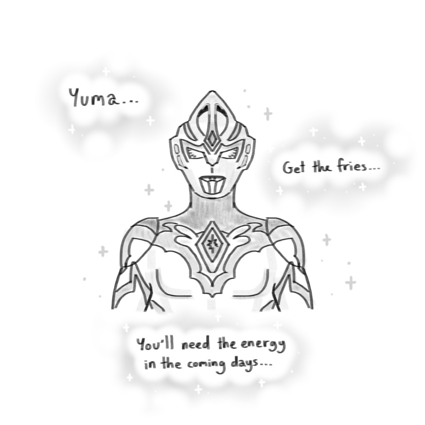 1boy, alien, alina_(lovetheworld), alt_text, color_timer, commentary, cropped_arms, cropped_torso, english_commentary, english_text, forehead_jewel, glowing, greyscale, highres, looking_at_viewer, male_focus, meme, monochrome, no_pupils, simple_background, solo, sparkle, tokusatsu, ultra_series, ultraman_arc, ultraman_arc_(series)