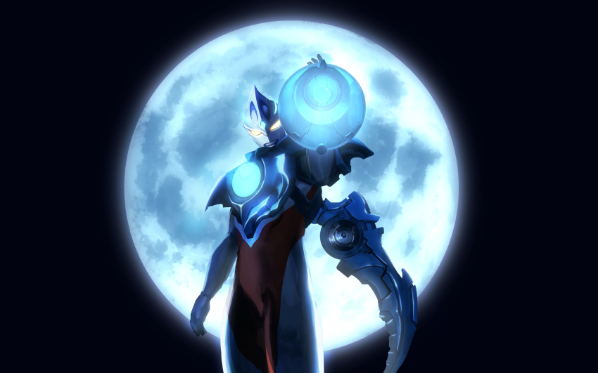 1boy, absurdres, alien, arm_shield, arm_up, armor, blue_armor, blue_gemstone