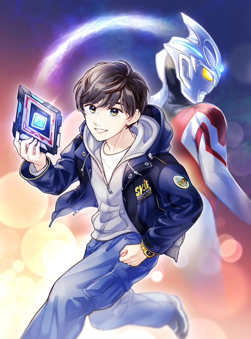 2boys, alien, arc_ariser, arc_cube, black_footwear, black_jacket, black_skin, blue_background, blue_gemstone, blue_pants, brown_hair, clenched_hand, colored_skin, commentary_request, energy, forehead_jewel, gem, glowing, grey_hoodie, grin, highres, hize_yuuma, holding, hood, hoodie, jacket, light_particles, logo, looking_at_viewer, male_focus, multicolored_background, multicolored_skin, multiple_boys, no_pupils, noky03, orange_background, pants, red_skin, shirt, shoes, silver_skin, smile, tokusatsu, ultra_series, ultraman_arc, ultraman_arc_(series), walking, watch, white_shirt, yellow_eyes