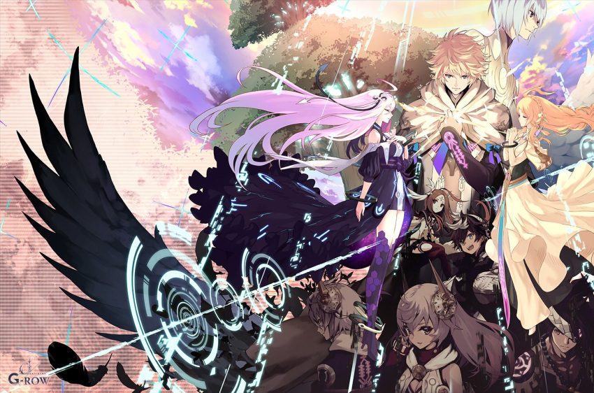 4girls, 5girls, adaleigh_(ta_ga_tame_no_alchemist), ahoge, bangle, black_feathers, blonde_hair, blue_eyes, bracelet, brown_hair, closed_eyes, dress, emmel_(ta_ga_tame_no_alchemist), eularea_(ta_ga_tame_no_alchemist), feathers, floating_hair, hair_ornament, jewelry, long_hair, magic_circle, mira_(ta_ga_tame_no_alchemist), multiple_girls, nimul_(ta_ga_tame_no_alchemist), nyx_(ta_ga_tame_no_alchemist), official_art, ouroboros_(ta_ga_tame_no_alchemist), pink_hair, praying, purple_hair, second-party_source, short_hair, ta_ga_tame_no_alchemist, waginau_(ta_ga_tame_no_alchemist), white_dress, yna_ku_(ta_ga_tame_no_alchemist)