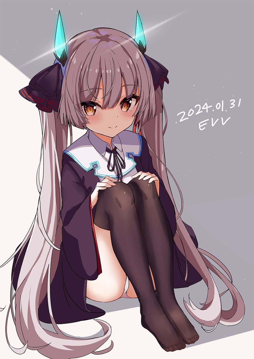 1girl, black_robe, blush, ev_two, heaven_burns_red, highres, horns, knees_up