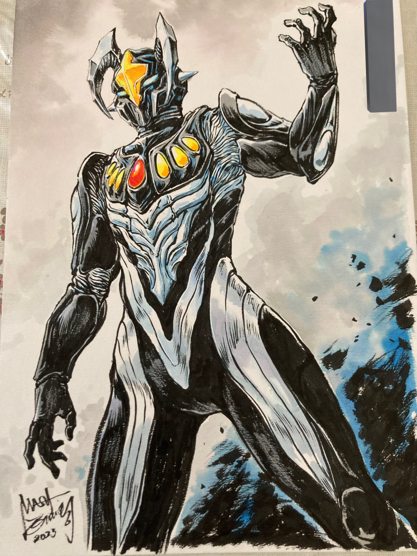 1boy, 2023, absurdres, alien, black_skin, blue_eyes, colored_skin, commentary_request, commission, dated, dutch_angle, feet_out_of_frame, hand_up, highres, male_focus, multicolored_skin, nishikawa_shinji, no_pupils, photo_(medium), second-party_source, signature, silver_skin, tokusatsu, traditional_media, ultra_galaxy_(series), ultra_galaxy_fight:_the_absolute_conspiracy, ultra_series, zett_(ultra_series), zetton