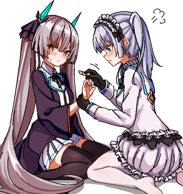 2girls, bandaid, black_bow, black_bowtie, black_robe, black_thighhighs, bleeding, blood