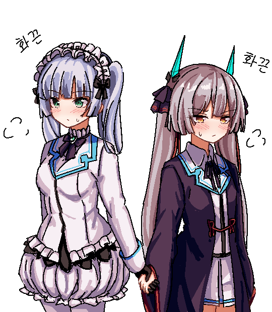 2girls, black_bow, black_bowtie, black_robe, blunt_bangs, bow, bowtie, breasts