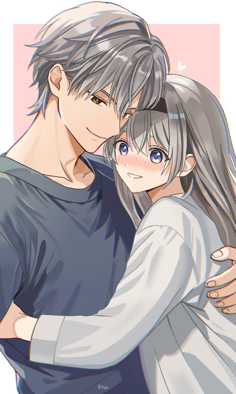 1boy, 1girl, alternate_costume, blush, caelus_(honkai:_star_rail), closed_mouth, firefly_(honkai:_star_rail), grey_hair