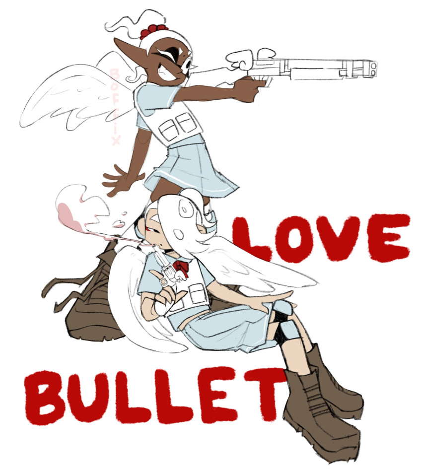 2girls, alternate_hair_color, angel_wings, blowing_smoke, boffix, boots, bulletproof_vest, copyright_name