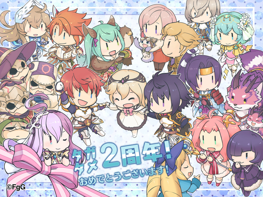 4others, 5boys, 6+girls, :d, ;), ^_^, agatha_(ta_ga_tame_no_alchemist), ahoge, alma_(ta_ga_tame_no_alchemist), amane_(ta_ga_tame_no_alchemist), anniversary, aqua_haori, arm_guards, arm_up, armor, ascot, blonde_hair, blue_bow, blue_bowtie, blue_coat, bow, bowtie, breastplate, brown_jacket, character_request, chibi, chibi_only, chloe_(ta_ga_tame_no_alchemist), closed_eyes, coat, collared_coat, copyright_notice, dias_(ta_ga_tame_no_alchemist), double-parted_bangs, dress, edgar_(ta_ga_tame_no_alchemist), eye_contact, flower, forehead_protector, goggles, goggles_on_head, green_eyes, green_hair, grey_hair, hair_flower, hair_ornament, hair_over_one_eye, hand_grab, hands_on_own_cheeks, hands_on_own_face, haori, hat, high_ponytail, highres, holding, holding_staff, holding_sword, holding_weapon, jacket, japanese_armor, japanese_clothes, juliet_sleeves, katana, kubi_(g-row), lisbeth_finn_lustburg, logi_crowley, long_hair, long_sleeves, looking_at_another, lucretia_(ta_ga_tame_no_alchemist), mask, multicolored_hair, multiple_boys, multiple_girls, multiple_others, official_art, one_eye_closed, open_mouth, orange_hair, ouroboros_(ta_ga_tame_no_alchemist), patterned_background, pink_bow, pink_bowtie, pink_coat, poleyn, puffy_sleeves, purple_ascot, purple_coat, purple_hair, purple_hat, question_mark_ahoge, rebecca_(ta_ga_tame_no_alchemist), red_skirt, redhead, scar, scar_on_face, second-party_source, sheath, short_hair, shoulder_armor, skirt, smile, staff, sword, ta_ga_tame_no_alchemist, tina_(ta_ga_tame_no_alchemist), two-handed, two-tone_hair, two_side_up, vettel_(ta_ga_tame_no_alchemist), weapon, white_ascot, white_dress, wing_hair_ornament, witch_hat