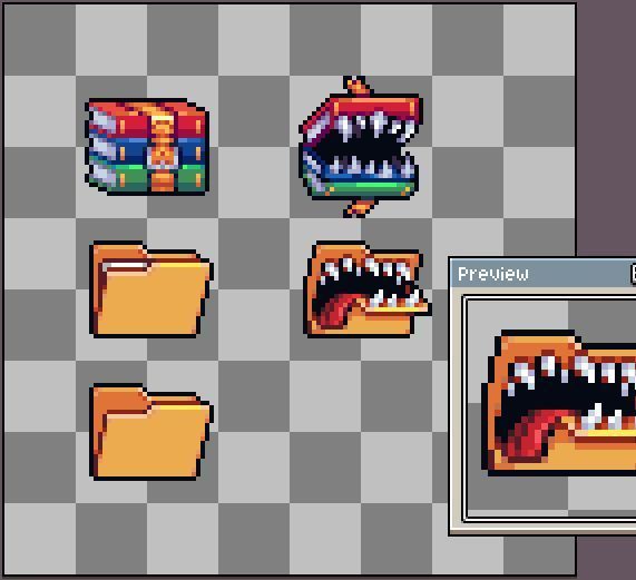 aseprite_(medium), aseprite_(software), checkered_background, folder, icon_(computing), mimic, mimic_chest, open_mouth