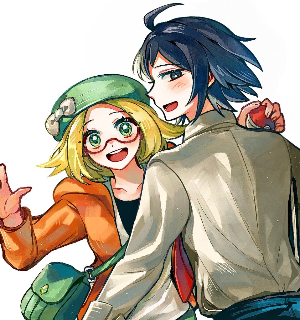 1boy, 1girl, :d, ahoge, bag, beret, bianca_(pokemon), black_eyes