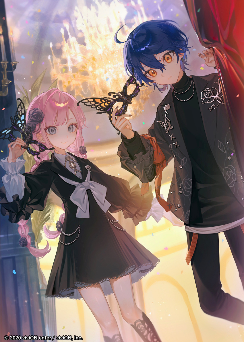 2boys, absurdres, ahoge, bead_necklace, beads, black_dress, black_footwear, black_jacket