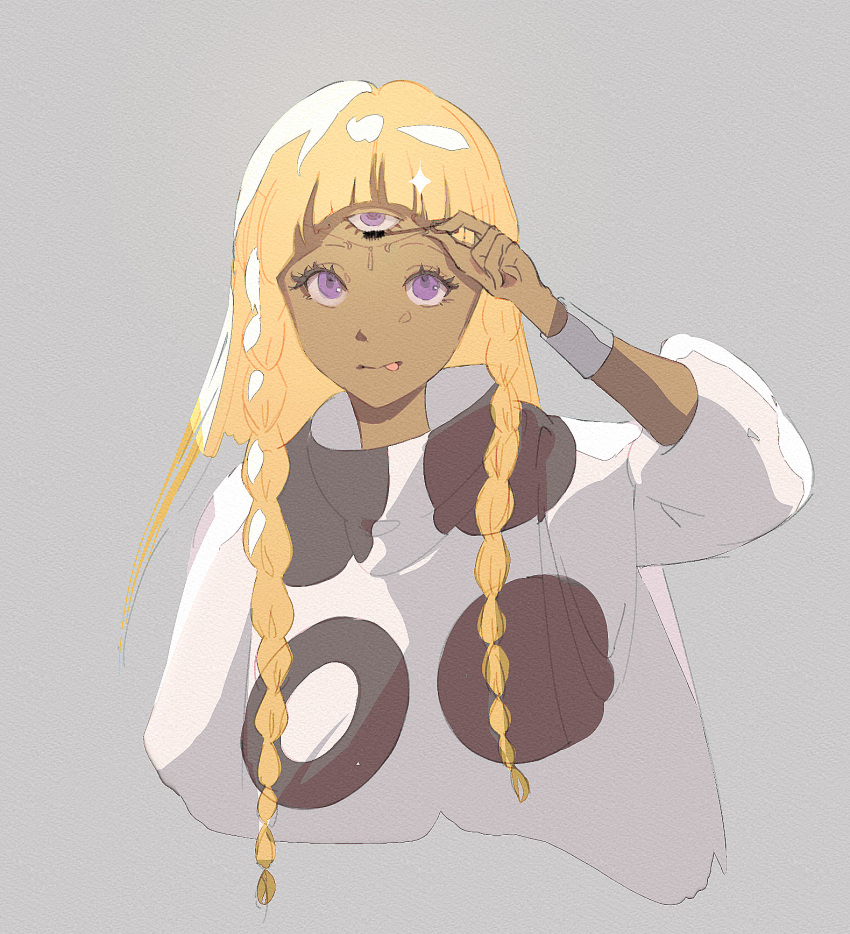 1girl, blonde_hair, braid, commentary, cones_(c0_nes), cropped_torso, dark-skinned_female, dark_skin, dress, english_commentary, eupha_(metaphor:_refantazio), grey_background, highres, long_hair, looking_up, metaphor:_refantazio, polka_dot, polka_dot_dress, simple_background, solo, third_eye, tongue, tongue_out, twin_braids, violet_eyes, white_dress