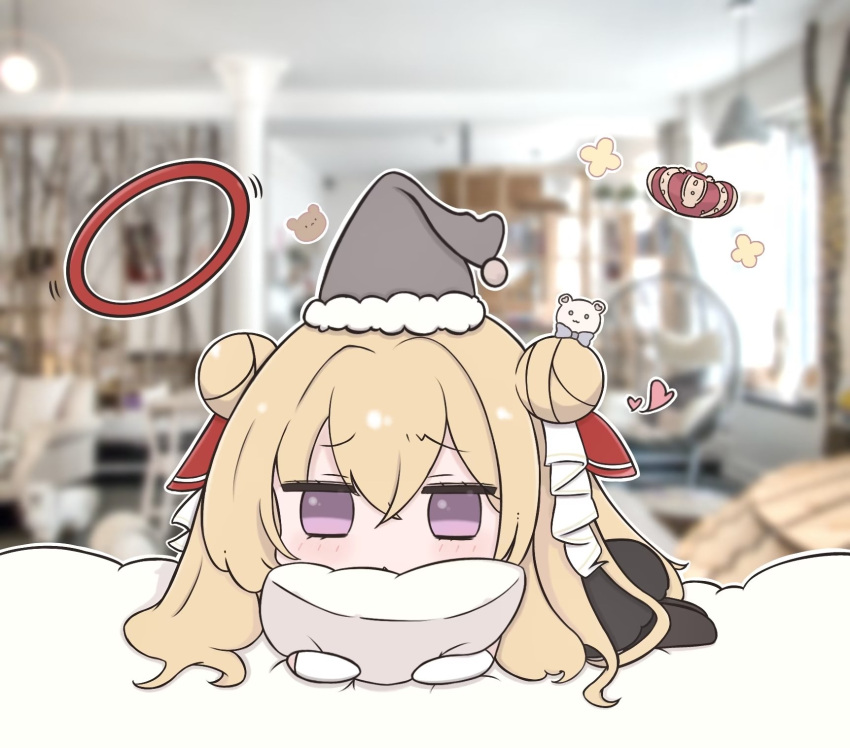1girl, azur_lane, blonde_hair, chibi, chibi_only, commentary, crown, double_bun, fur-trimmed_headwear, fur_trim, futaba_(anti_clockwise), gloves, hair_bun, heart, highres, long_hair, lying, on_stomach, pillow, royal_oak_(azur_lane), solo, symbol-only_commentary, violet_eyes, white_gloves