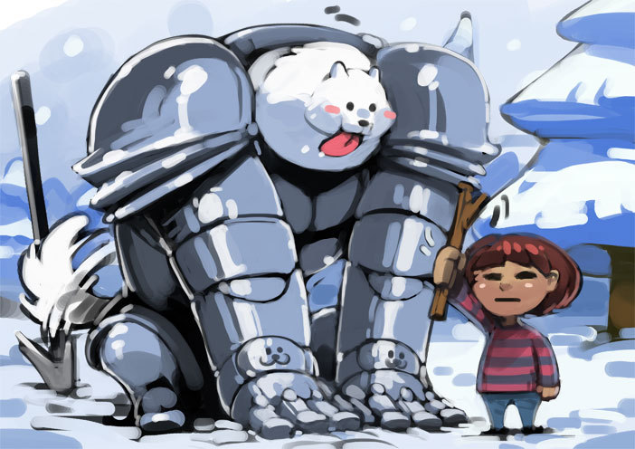 1boy, 1other, 2015, 2d, ambiguous_gender, armor, bittenhard, blue_shirt, brown_hair, digital_media, dog, frisk_(undertale), furry, furry_male, greater_dog, holding, holding_stick, human, male, mammal, monster, monster_boy, short_hair, size_difference, spear, stick, striped_shirt, tail, tail_wagging, tongue, tongue_out, tree, undertale, weapon, white_fur