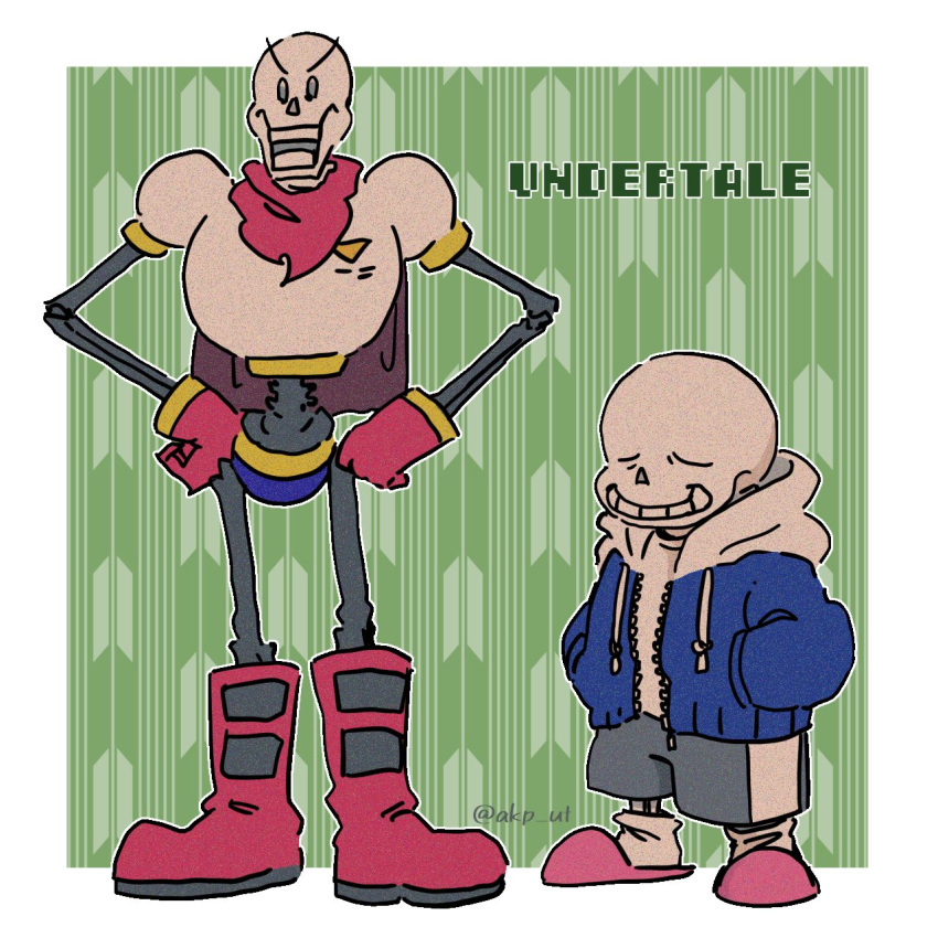 2022, 2boys, 2d, akipi, artist_name, blue_jacket, boots, border, brothers, cape, closed_eyes, copyright_name, digital_media, drawstring, duo, english_text, full_body, gloves, green_background, hands_in_pockets, hands_on_own_hips, hashtag-only_commentary, height_difference, humanoid, jacket, male, male_focus, male_only, monster, monster_boy, outline, outside_border, papyrus_(undertale), pink_slippers, red_boots, red_cape, red_gloves, sans_(undertale), siblings, size_difference, skeleton, slippers, standing, teeth, text, twitter_username, two-tone_background, undead, undertale, utdr_(toby_fox), white_outline
