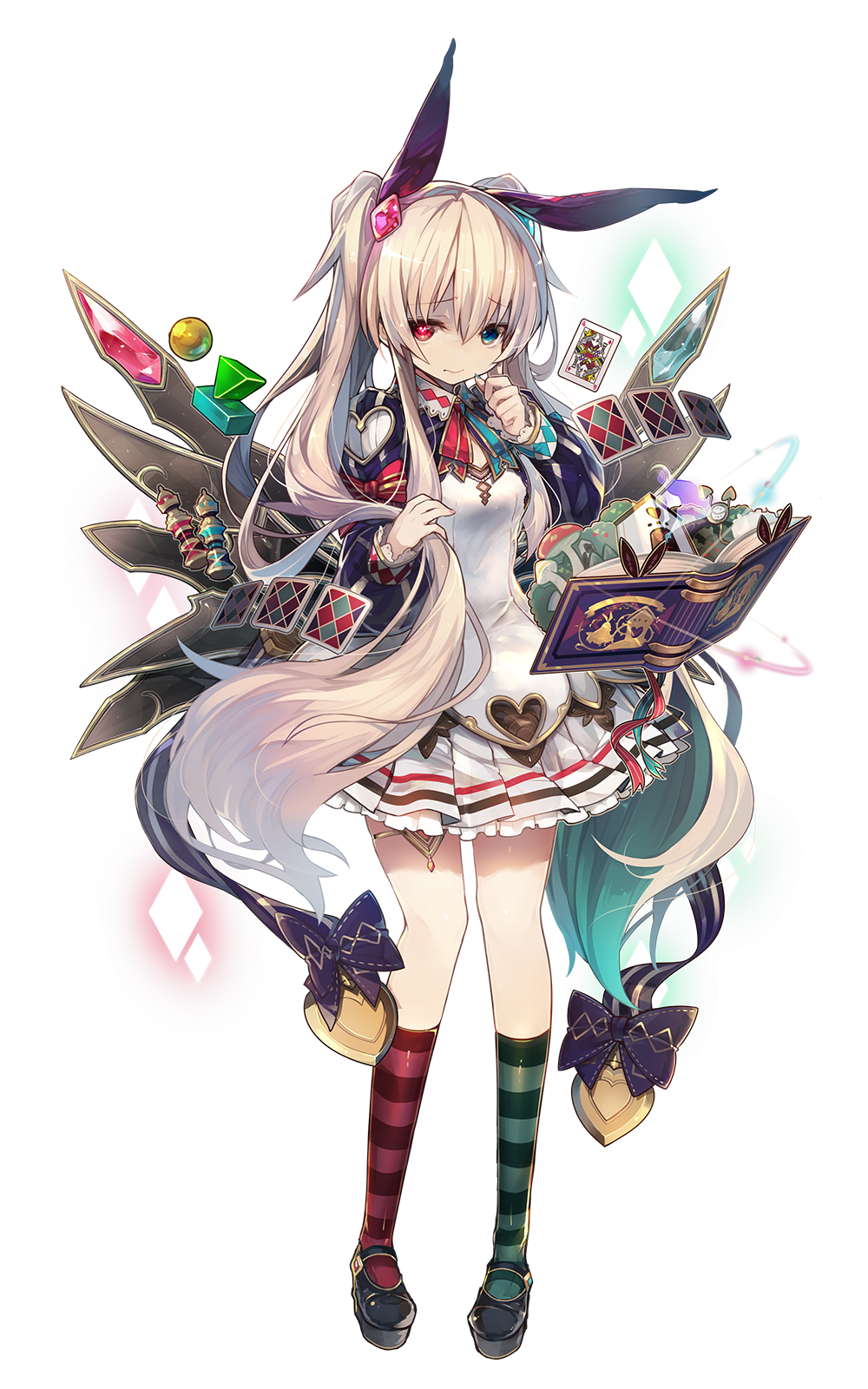 1girl, black_footwear, blonde_hair, blue_eyes, book, breasts, card, chaos_alice_(grimms_notes), floating, full_body, grimms_notes, heterochromia, highres, holding, holding_own_hair, hosato_mikine, official_art, playing_card, red_eyes, skirt, solo, transparent_background, wings