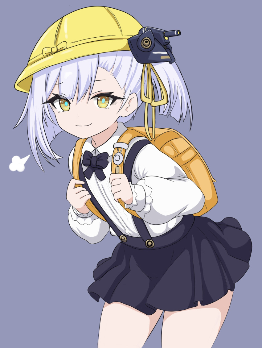 1girl, azur_lane, bag, black_skirt, collared_shirt, hair_between_eyes, hands_up, hat, highres, jaggi_95, leaning_forward, long_sleeves, looking_at_viewer, medium_hair, miniskirt, oceana_(azur_lane), rigging, school_bag, school_uniform, shirt, side_ponytail, siren_(azur_lane), skirt, smile, solo, standing, suspender_skirt, suspenders, thighs, turret, white_hair, white_shirt, yellow_eyes