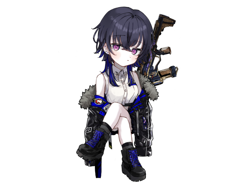 1girl, apex_legends, assault_rifle, black_footwear, black_jacket, chibi, chibi_only, collared_shirt