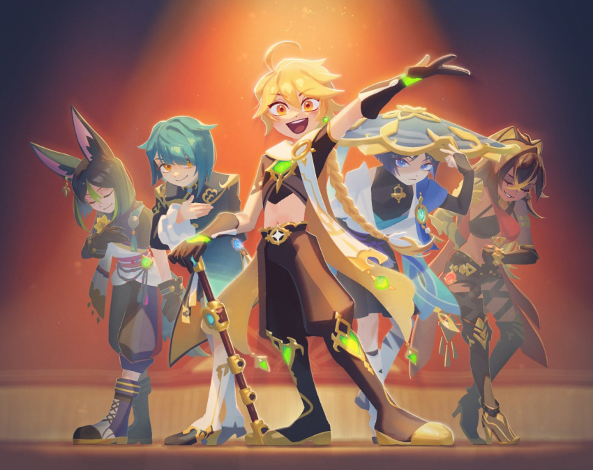 1girl, 4boys, aether_(genshin_impact), animal_ear_fluff, animal_ears, armor, black_footwear, blonde_hair