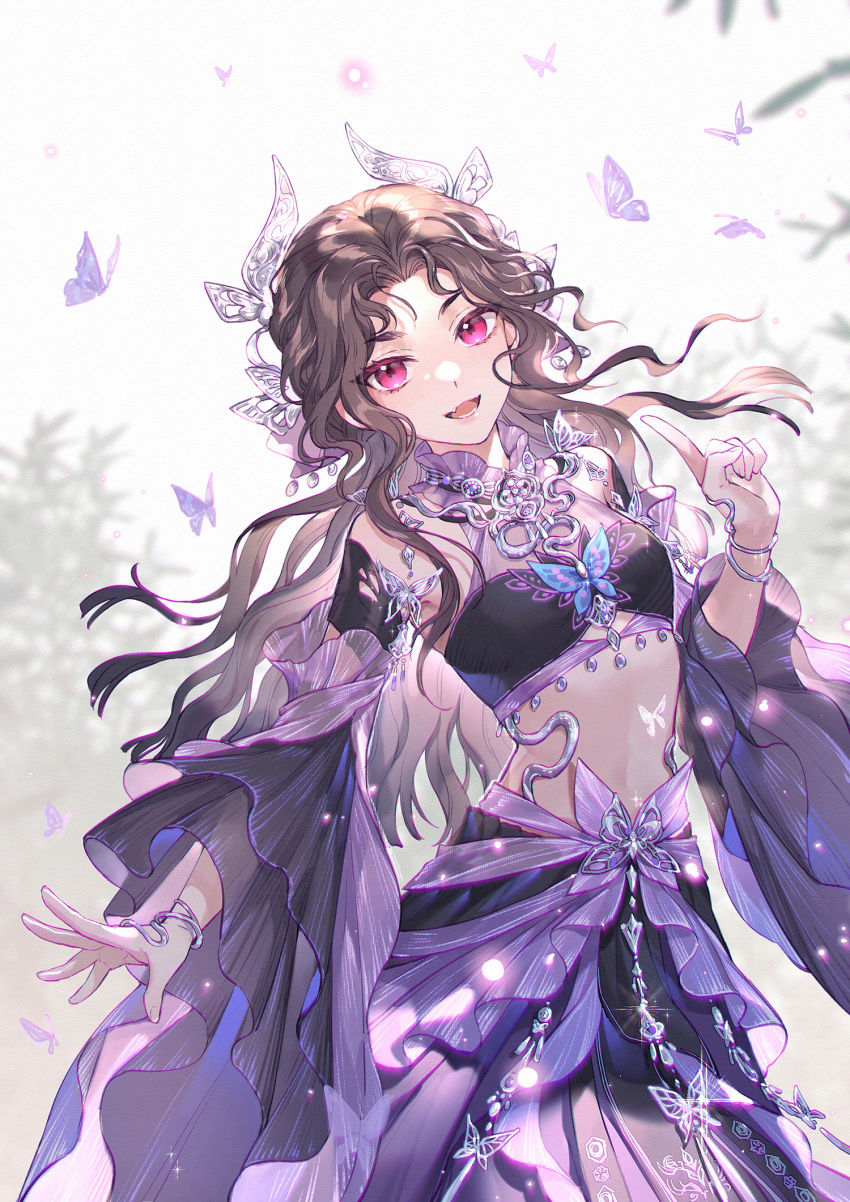 1girl, black_skirt, bracelet, breasts, brown_hair, bug, butterfly, curly_bangs