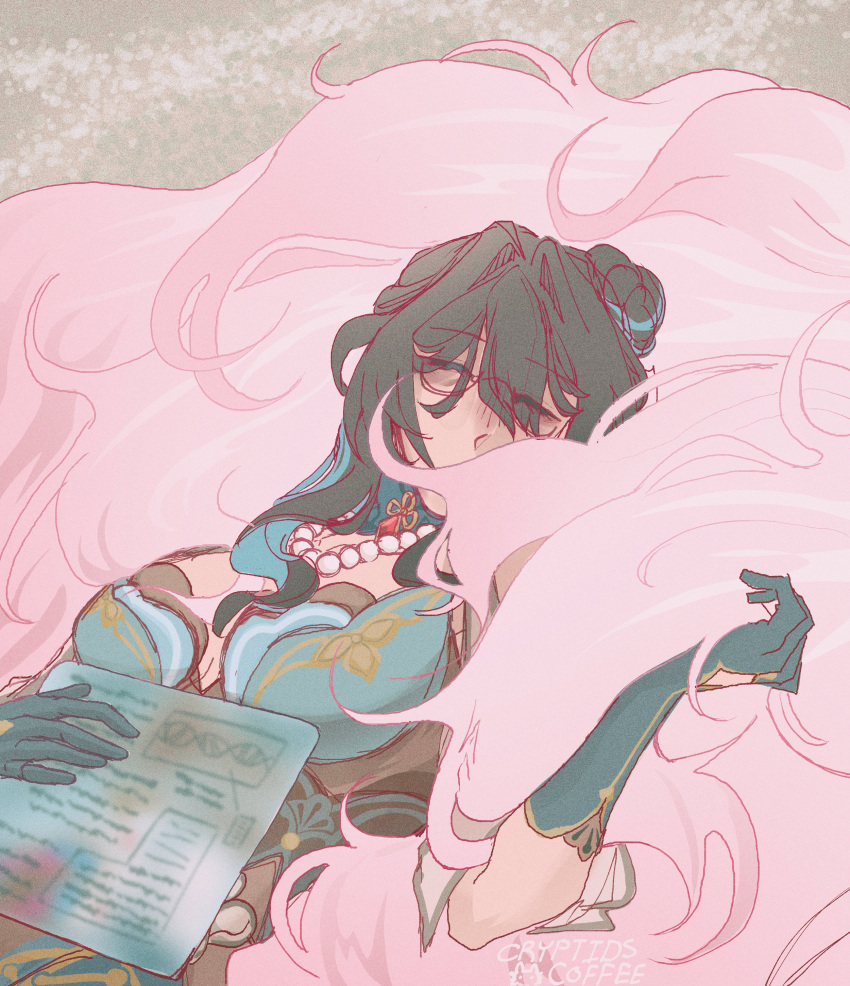 2girls, absurdres, artist_name, bespectacled, black_hair, breasts, brown_background, chinese_clothes, closed_eyes, commentary, cryptids_coffee, elbow_gloves, english_commentary, fox_tail, fugue_(honkai:_star_rail), glasses, gloves, green_gloves, hair_intakes, highres, honkai:_star_rail, honkai_(series), jewelry, long_hair, lying, medium_breasts, multiple_girls, multiple_tails, necklace, on_back, out_of_frame, pearl_necklace, ruan_mei_(honkai:_star_rail), sleeping, solo_focus, tail, tingyun_(honkai:_star_rail), upper_body, yuri