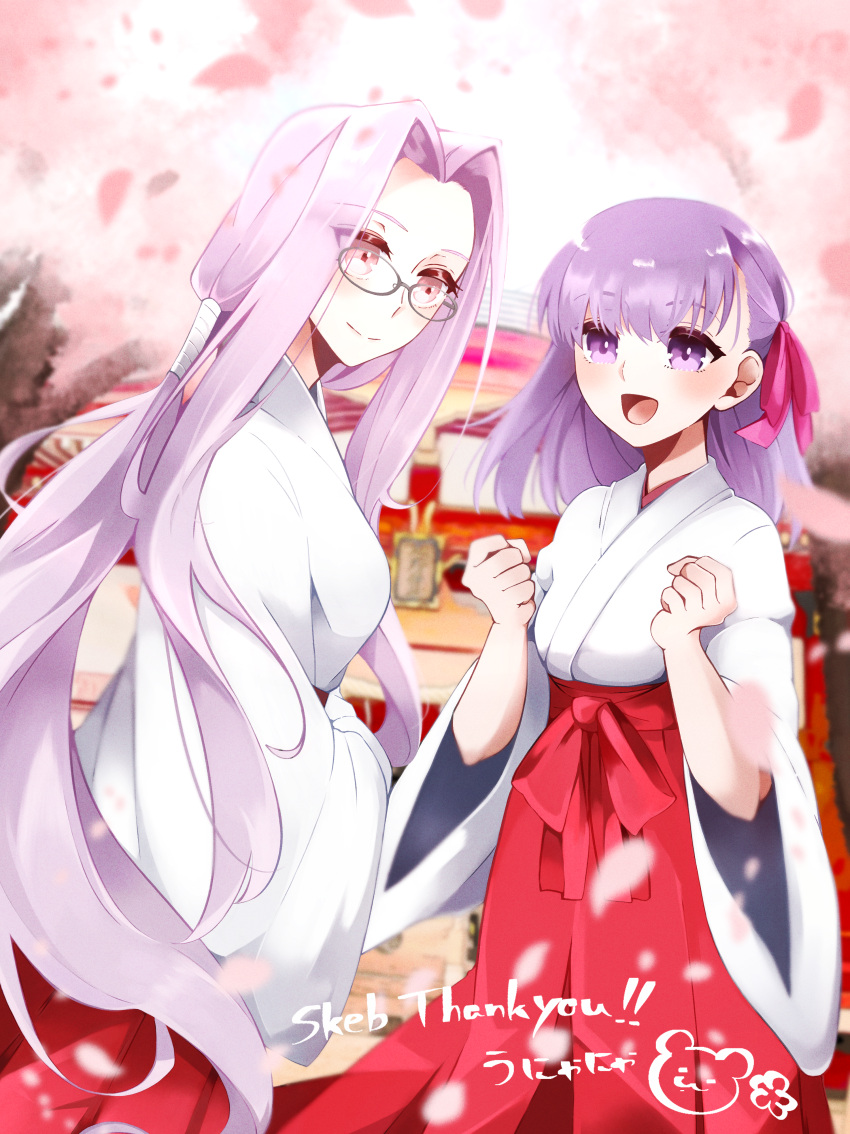 2girls, absurdres, cherry_blossoms, closed_mouth, commentary_request, commission, fate/stay_night, fate_(series)