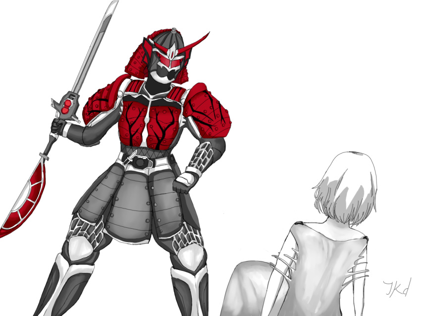 1boy, 1girl, attack, bad_end, boots, girls_frontline, jkd05d, kamen_rider, kamen_rider_bujin_gaim, kamen_rider_gaim_(series), kneeling, rpk-16_(boss)_(girls'_frontline), rpk-16_(girls'_frontline)