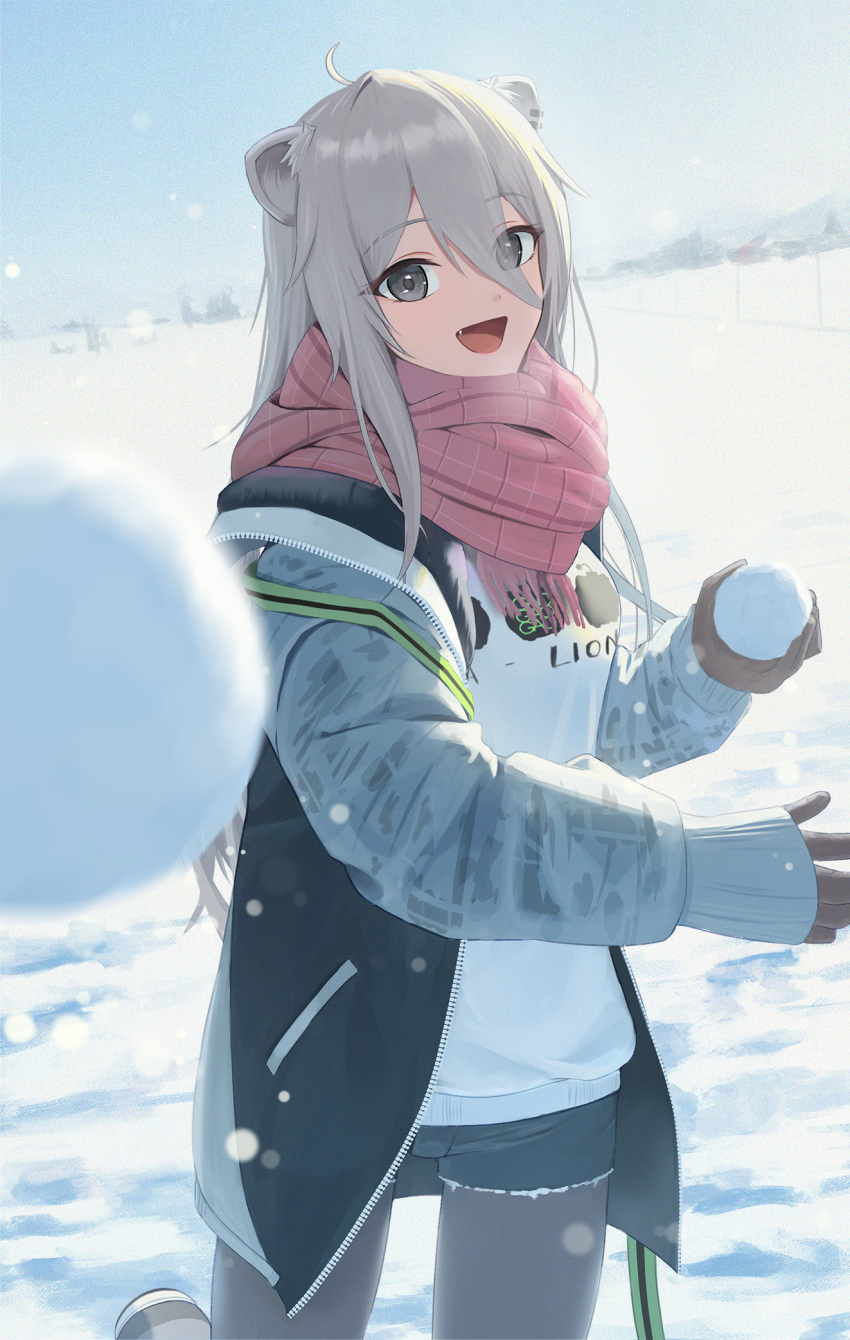 1girl, :d, animal_ear_piercing, animal_ears, black_jacket, black_pantyhose, black_shorts, brown_gloves