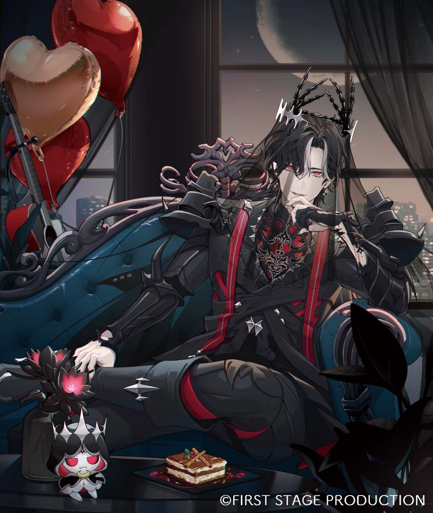 1boy, armor, balloon, black_flower, black_footwear, black_gloves, black_hair, black_jacket