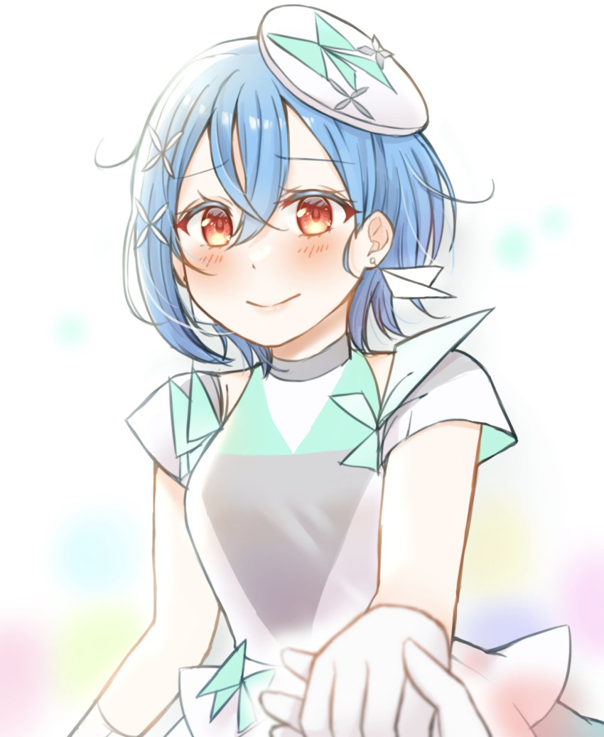 1girl, aoi_madoka, blue_hair, blush, breasts, closed_mouth, commentary, crossed_bangs