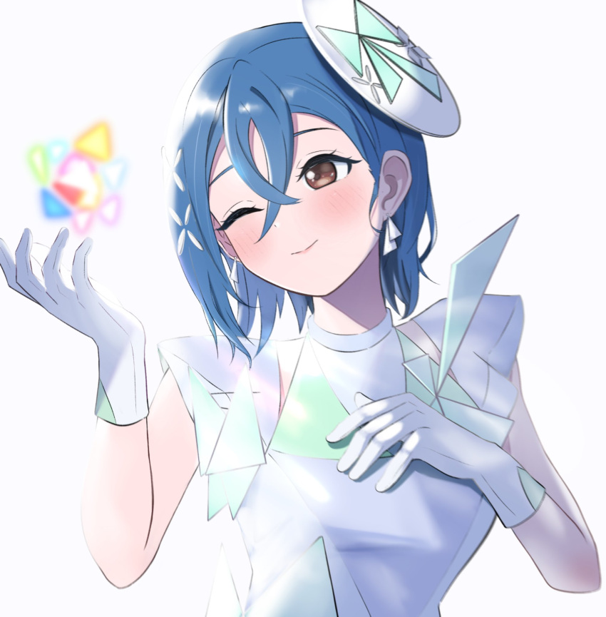 1girl, ;), blush, breasts, closed_mouth, clothing_cutout, commentary, crossed_bangs, dress, eiennimemai, gloves, green_dress, hair_between_eyes, hair_ornament, hand_on_own_chest, highres, love_live!, love_live!_superstar!!, medium_breasts, multicolored_clothes, multicolored_dress, official_alternate_costume, one_eye_closed, orange_eyes, short_hair, shoulder_cutout, simple_background, sleeveless, sleeveless_dress, smile, solo, special_color_(love_live!), split_mouth, upper_body, wakana_shiki, white_background, white_dress, white_gloves, x_hair_ornament