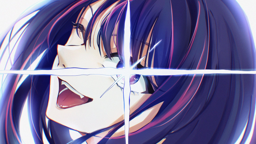 1girl, commentary_request, ezuki_riia, fangs, hair_between_eyes, highres, hoshino_ai, long_hair, looking_at_viewer, multicolored_hair, one_eye_closed, open_mouth, oshi_no_ko, purple_hair, simple_background, smile, solo, streaked_hair, teeth, violet_eyes, white_background