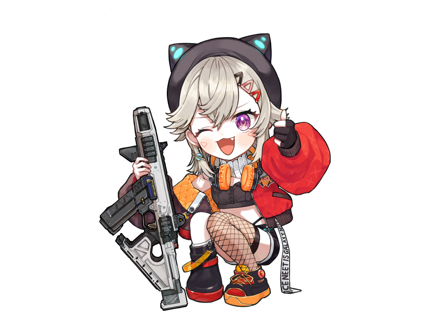 1girl, :3, animal_hat, apex_legends, asymmetrical_footwear, asymmetrical_legwear, beret, black_bustier, black_gloves, black_hat, black_shorts, bomber_jacket, bustier, cat_hat, chibi, chibi_only, double-parted_bangs, earrings, facial_mark, fang, fingerless_gloves, gloves, grey_hair, gun, hair_between_eyes, hair_ornament, hairclip, hanada_ten, hat, headphones, headphones_around_neck, highres, holding, holding_gun, holding_weapon, jacket, jewelry, komori_met, komori_met_(5th_costume), long_sleeves, medium_hair, midriff, mismatched_footwear, multicolored_clothes, multicolored_footwear, multicolored_jacket, one_eye_closed, open_mouth, panty_straps, partially_fingerless_gloves, planet_earrings, puffy_long_sleeves, puffy_sleeves, quilted_jacket, r-99_smg, ribbed_shrug, short_shorts, shorts, shrug_(clothing), single_earring, single_fingerless_glove, single_fishnet_legwear, solo, squatting, submachine_gun, thumbs_up, transparent_background, two-tone_jacket, violet_eyes, virtual_youtuber, vspo!, weapon, white_shrug