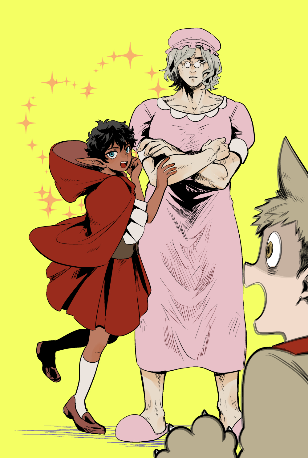 3boys, alternate_species, animal_ears, bags_under_eyes, big_bad_wolf, big_bad_wolf_(cosplay), black_eyes, black_hair, blonde_hair, blue_eyes, cloak, cosplay, crossdressing, crossed_arms, curly_hair, dark-skinned_male, dark_skin, dress, dungeon_meshi, elf, glass, grandmother_(little_red_riding_hood), grandmother_(little_red_riding_hood)_(cosplay), green_background, grey_hair, hat, height_difference, highres, kabru, kabru_(elf), laios_touden, lazy_eye, little_red_riding_hood, little_red_riding_hood_(grimm), little_red_riding_hood_(grimm)_(cosplay), male_focus, mithrun, mithrun_(tallman), mob_cap, multiple_boys, notched_ear, parody, pink_dress, pointy_ears, red_cloak, red_hood, red_skirt, shoes, short_hair, skirt, slippers, smile, sobayu_(chizuwa), socks, standing, standing_on_one_leg, uneven_eyes, white_socks, wide-eyed, wolf_boy, wolf_ears, yellow_eyes
