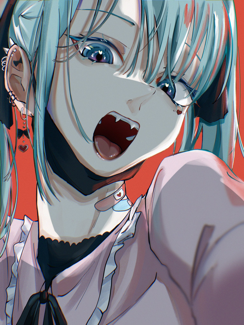1girl, aqua_hair, black_mask, black_ribbon, blue_eyes, close-up, ear_piercing, earrings