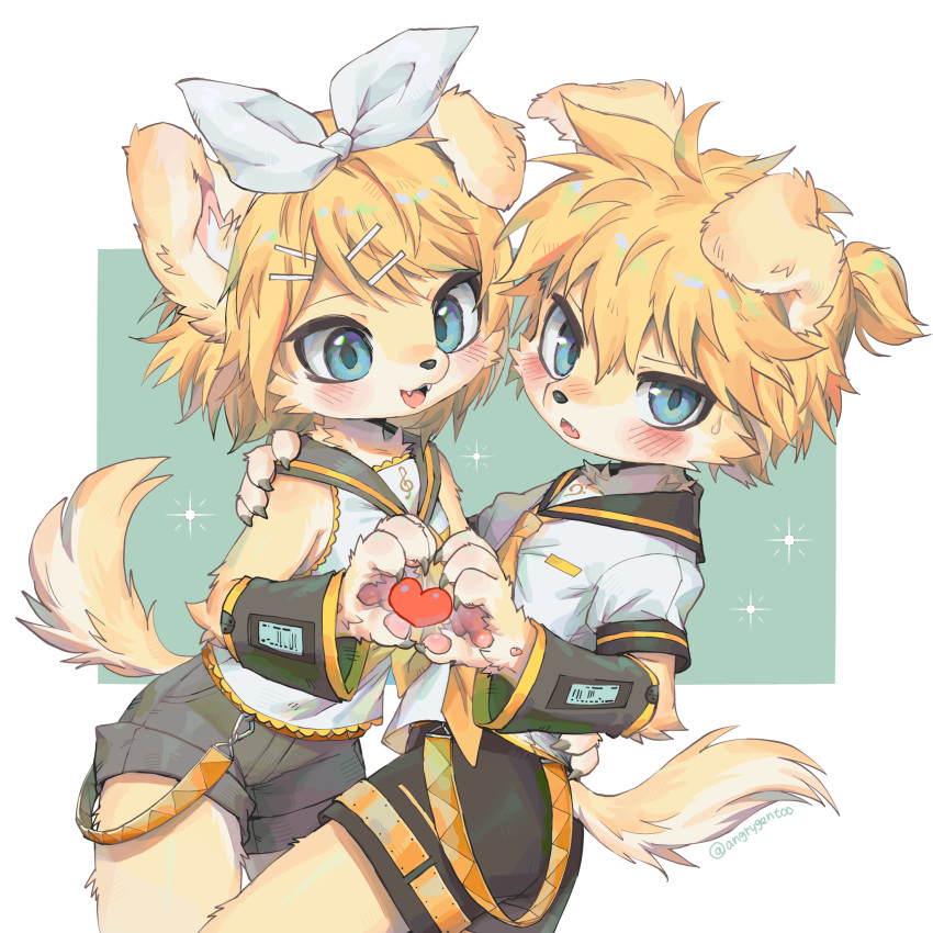 1boy, 1girl, angrygentoo, animal_ear_fluff, animal_ears, animal_nose, arm_warmers, bass_clef, belt, black_sailor_collar, black_shorts, blonde_hair, blue_eyes, blush, body_fur, bow, commentary_request, contrapposto, cowboy_shot, dog_boy, dog_ears, dog_girl, dog_tail, fangs, furry, furry_female, furry_male, green_background, hair_bow, hair_ornament, hairclip, heart, highres, kagamine_len, kagamine_rin, korean_commentary, lace-trimmed_shirt, lace_trim, looking_at_another, looking_at_viewer, medium_hair, neckerchief, open_mouth, orange_belt, sailor_collar, shirt, short_hair, short_sleeves, shorts, siblings, simple_background, sleeveless, sleeveless_shirt, snout, standing, straight_hair, tail, treble_clef, twins, two-tone_background, two-tone_belt, two-tone_fur, vocaloid, white_background, white_bow, white_fur, white_shirt, yellow_belt, yellow_fur, yellow_neckerchief